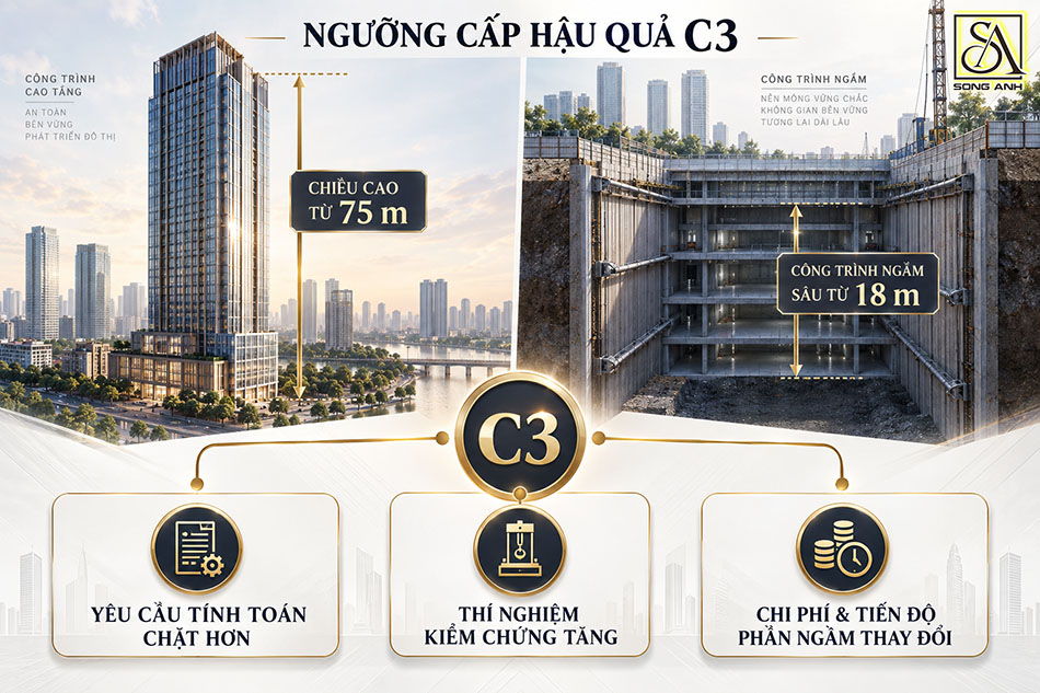 Ngưỡng cấp hậu quả C3 đối với công trình cao từ 75 m và công trình ngầm sâu 18 m